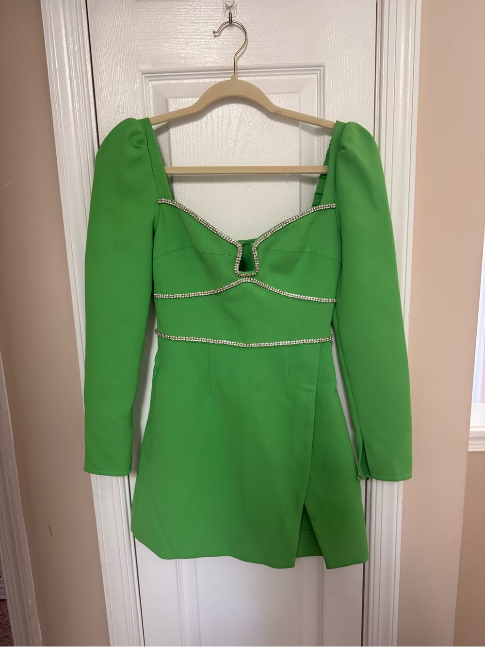 Self-Portrait Bright Green Crepe Long-Sleeve Mini Dress with Rhinestone Trim